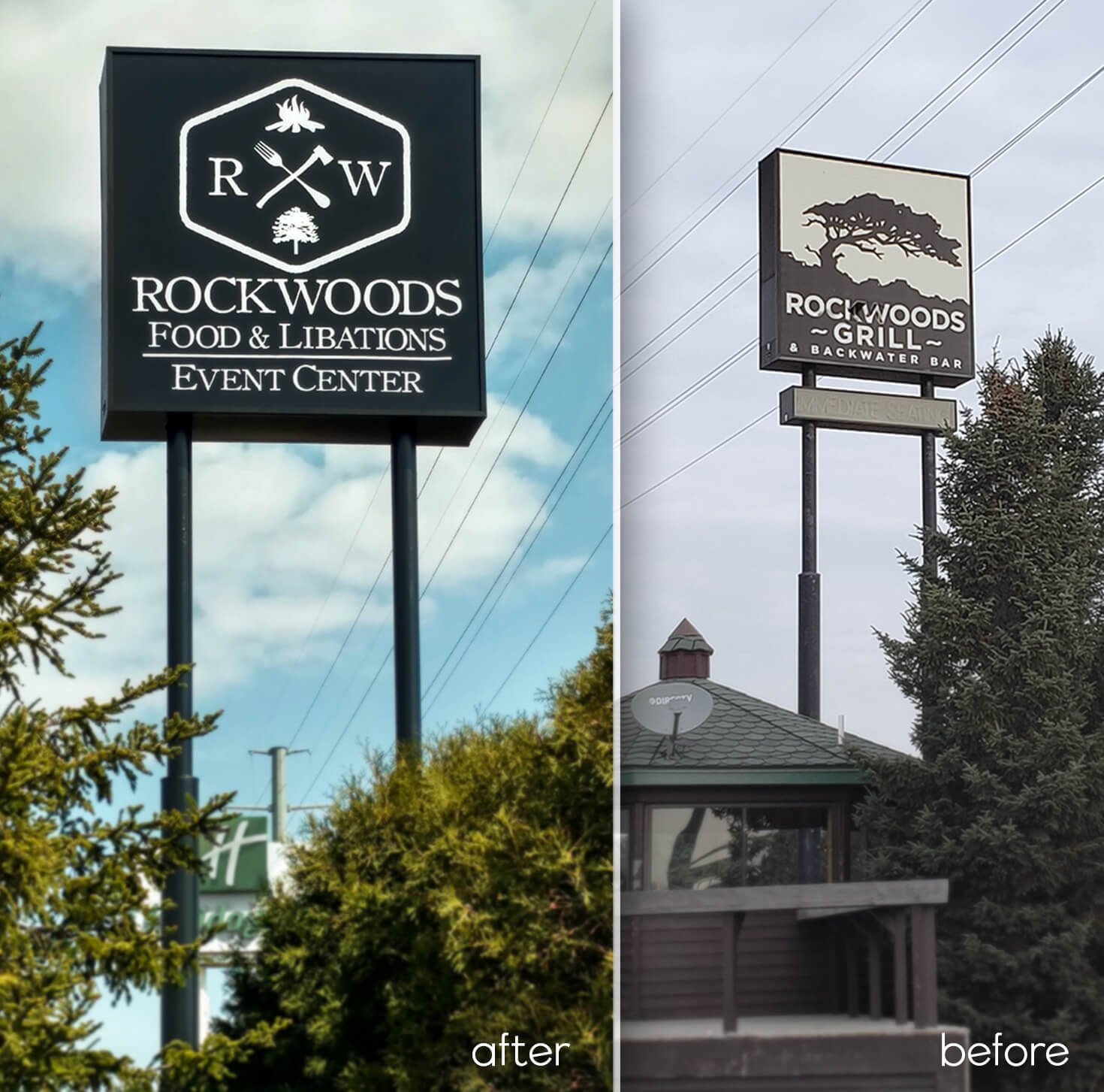 Rockwoods Food & Libations Event Center Before after Sign Renovations