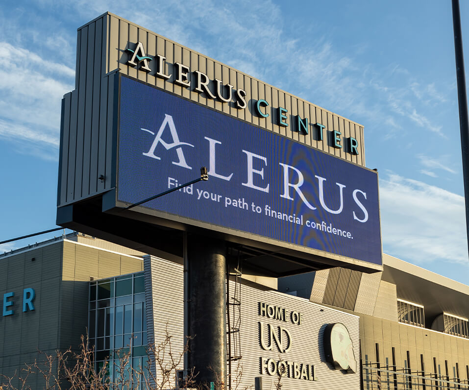 Alerus Center Grand Forks ND main ID sign with channel letters and large full color digital display