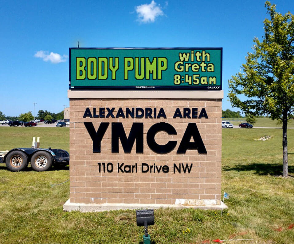 Alexandria MN YMCA Monument Sign with brick base and Daktronics EMC