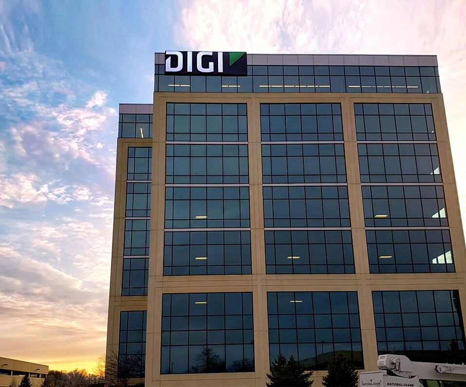 DIGI Building with large set of channel letters photo taken at sunset