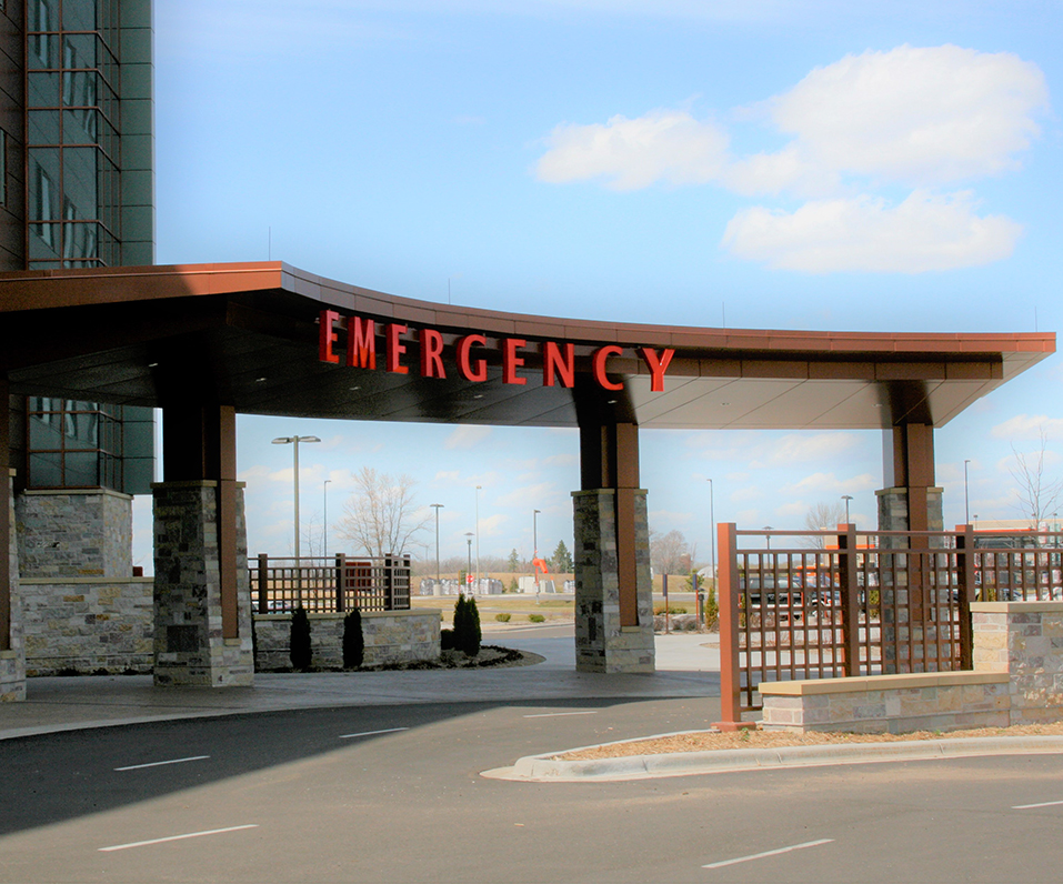 Maple Grove Hospital Exterior Emergency Carport with Channel Letters on a curved raceway