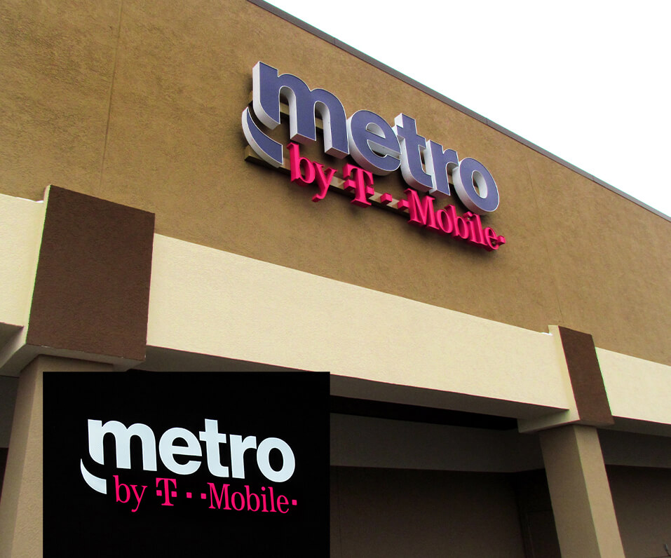 Metro by T Mobile closeup on channel letters showing day and night lighting Fargo ND