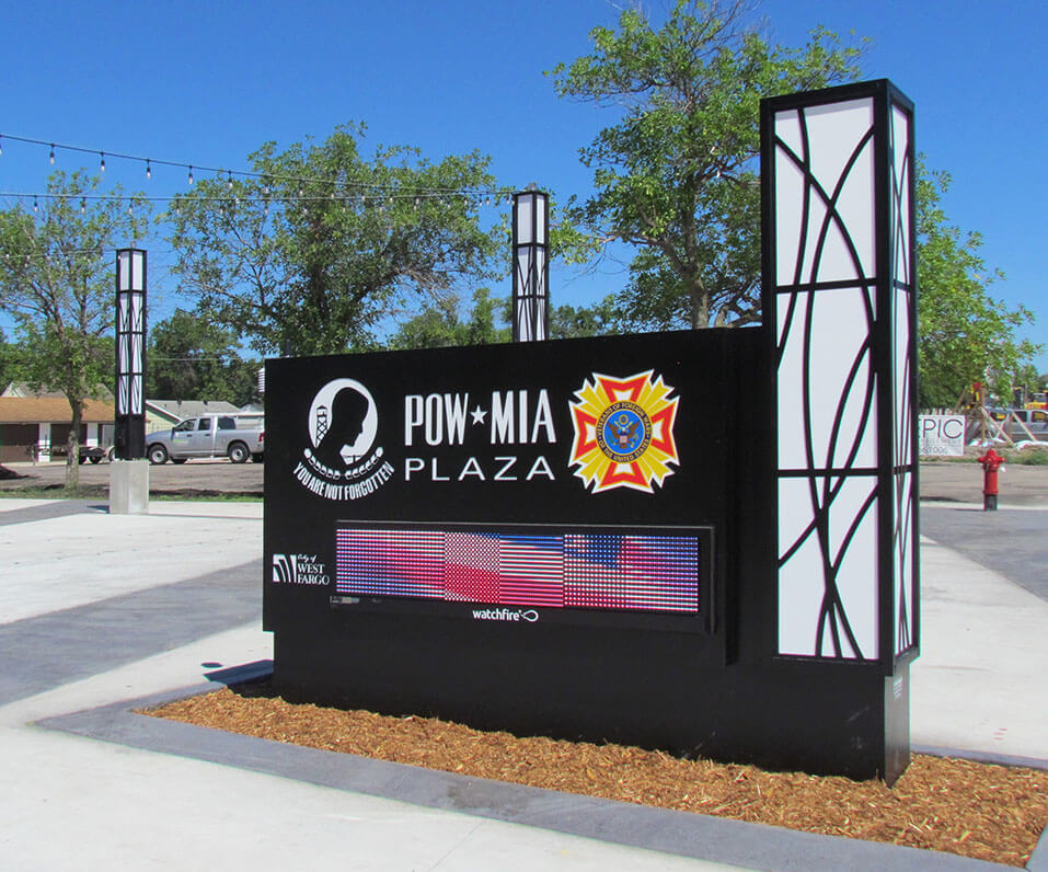 Pow Mia Plaza and West Fargo ND Monument sign with Watchfire EMC and custom fabricated internal lit column